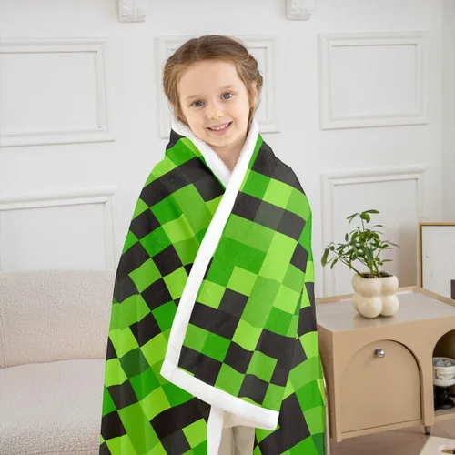 Miniatura 3 de Manfei Miner Style Grid Throw Blanket Green Pixel Shade Plaid Fleece Blanket Modern Geometric Games Cozy Throws for Bed Couch Sofa,Kids Boys Girls