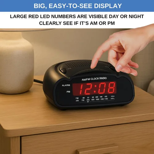 Miniatura 2 de Reloj despertador digital Radio reloj AM/FM con pantalla LED roja, alarma fuerte para personas que duermen mucho Reloj de escritorio o de noche