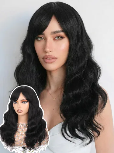 Miniatura 11 de WIGNEE Pelucas onduladas naturales con flequillo, 100% cabello humano brasileño, pelucas onduladas de moda, color negro natural