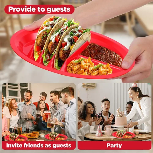 Miniatura 6 de Paquete de 12 platos coloridos de plástico para tacos, soporte reutilizable para tacos con divisores para 3 tacos y 2 áreas de inmersión, sin BPA