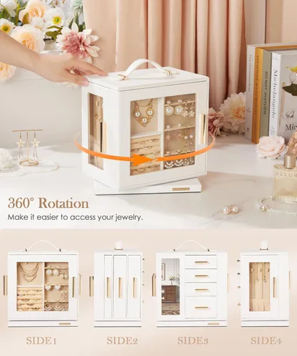 Miniatura 3 de Homde Joyero de regalo de Navidad con rotación de 360, organizador de aretes y collar con ventana transparente, espejo, 7 cajones, estuche