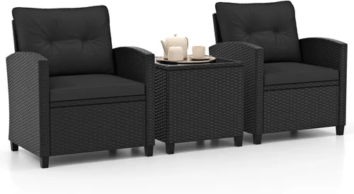 Miniatura 11 de HAPPYGRILL Juego de conversación para patio de 3 piezas, juego de muebles de exterior de sofá de ratán PE con cojines removibles, sillas de mimbre