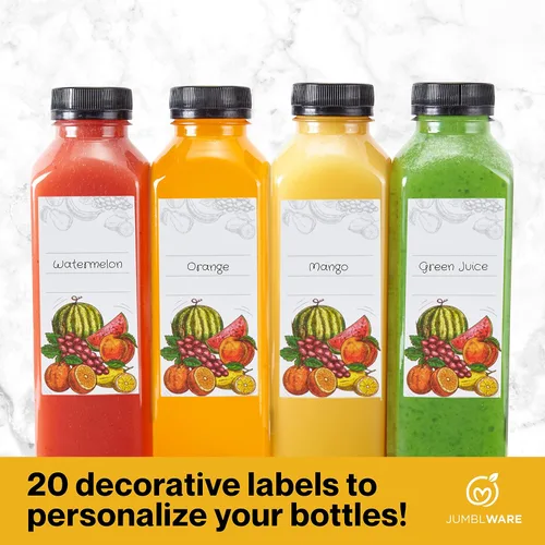 Miniatura 5 de JumblWare Juego de 40 botellas reutilizables de jugo de plástico transparente de 16 onzas con embudo, cepillo de limpieza y etiquetas