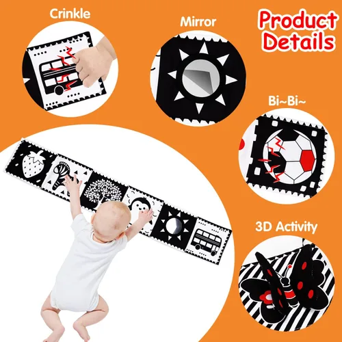 Miniatura 4 de Juguetes de alto contraste en blanco y negro para bebés de 0-3, 3-6 meses, tiempo boca abajo, suave, libro arrugado, espejo, juguetes sensoriales