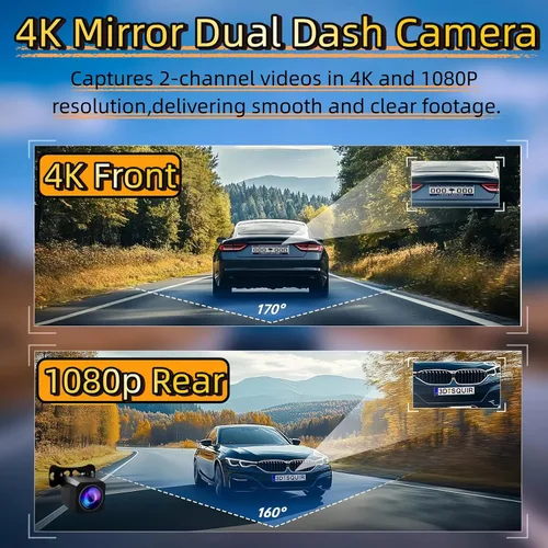 Miniatura 2 de Cámara de tablero doble espejo, cámara delantera y trasera para automóvil con grabación dual 4K+2.5K, aplicación WiFi, control de voz, visión