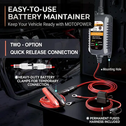 Miniatura 8 de MOTOPOWER MP00205A Cargador de batería automático de 12 V 800 mA, mantenedor de batería, cargador de goteo y desulfatador de batería, paquete de 2