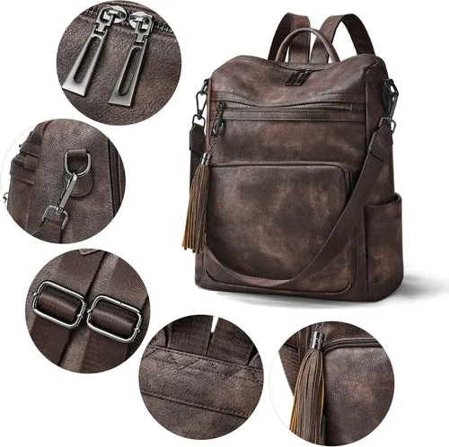 Miniatura 52 de OPAGE - Mochila de cuero para mujer, con borla de moda, bolso de hombro, mochila grande, bolsa de viaje, gris, L