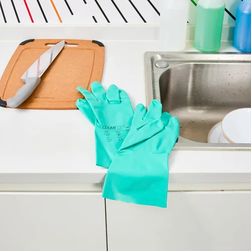 Miniatura 9 de Restaurantware Guantes de limpieza verdes, 10 pares de guantes de nitrilo de 15 mil de grosor, pequeños y resistentes con puño largo, forro