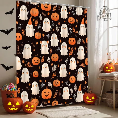Miniatura 6 de Cortina de ducha de fantasma de Halloween, diseño de calabaza espeluznante, hojas retro, divertida tela de dibujos animados para decoración de baño