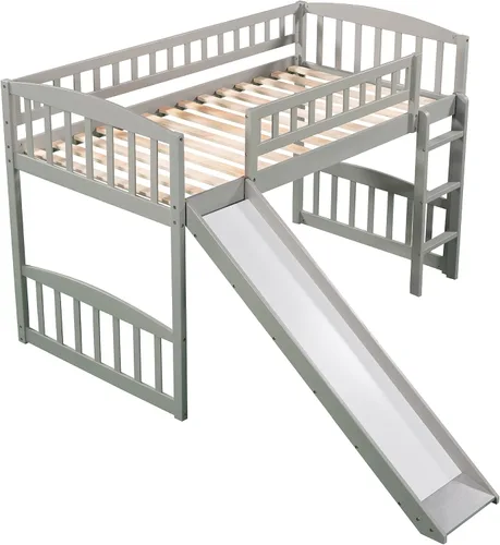 Miniatura 4 de Harper & Bright Designs Cama alta baja con tobogán, cama individual tipo loft para niños con barandilla de seguridad y escaleras, marco de cama