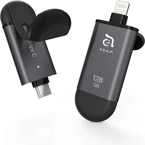 ADAM elements iKlips C MFi certificado Lightning + USB C Flash Drive para iPhone, iPad Pro, Mac, PC, Android, Touch ID/Face ID seguro (negro, 128 GB)