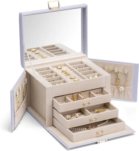 Vlando Joyero de 4 niveles, cajas de joyería y organizadores con asa, 3 cajones de viaje con espejo, almacenamiento de joyas, aretes, collares,