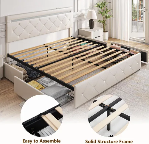 Miniatura 6 de Benevika Base de cama tamaño full con 4 cajones y luz LED, estación de carga, cama de plataforma de almacenamiento tapizada en cuero PU con cabecera