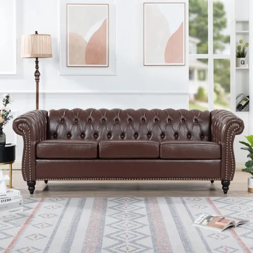 Miniatura 12 de Sofá Chesterfield moderno de 83.5 pulgadas, sofá de 3 plazas con brazo enrollado, tapizado de cabeza de clavo, sofás de piel sintética para sala