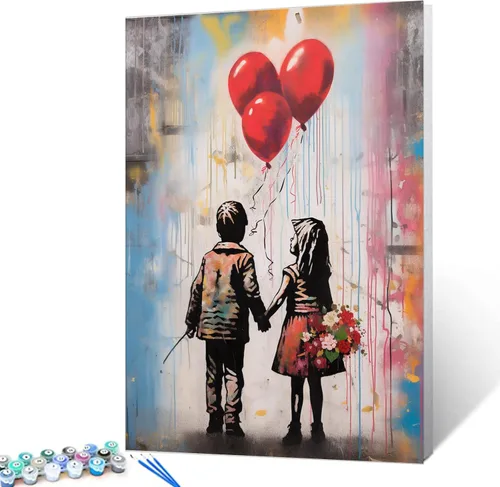 Miniatura 9 de Tucocoo Kits de pintura de globos coloridos por números con pinceles y pigmento acrílico sobre lienzo para adultos, cuadro de calle Banksy Little