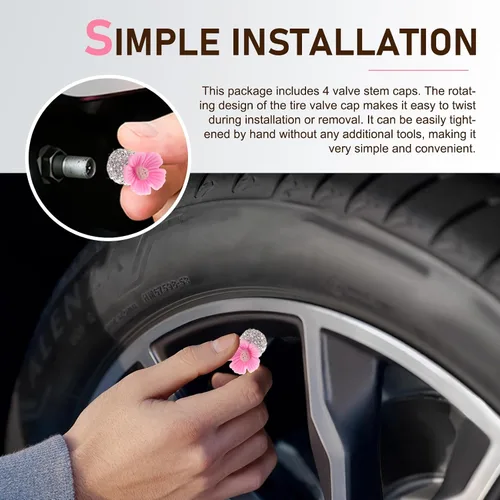 Miniatura 5 de 4 piezas de tapas de vástago de válvula brillantes, lindas válvulas de rueda de automóvil con flores de Sakura, atractivas cubiertas de aire