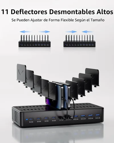 Miniatura 5 de Estación de carga de 100 W para múltiples dispositivos, estación de carga rápida USB de 10 puertos con divisores ajustables y 10 cables, base