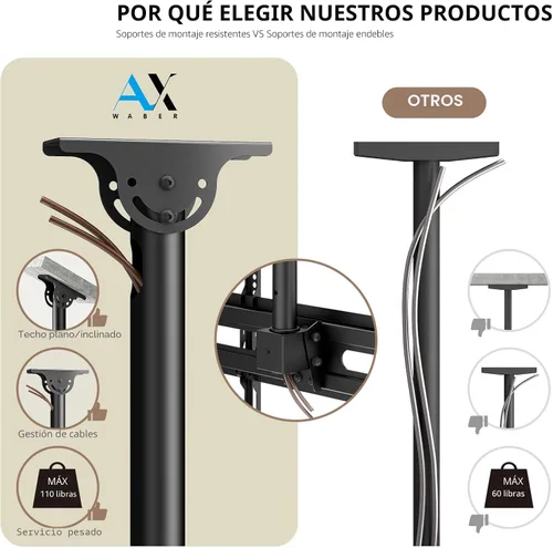 Miniatura 7 de AX WABER - Soporte de techo ajustable para TV con montaje de pantalla plana para televisores LCD LED OLED 4K de 26-65 pulgadas, montaje de techo