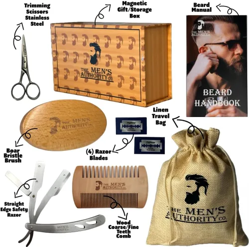 Miniatura 3 de M. A. C.® Kit de barba para hombres, kit de aseo de barba que incluye cepillo de jabalí, peine de tijera para barba y navaja de afeitar y cuchillas