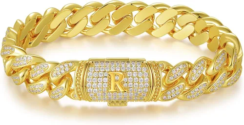 ETEVON - Pulsera con inicial para hombre cadena de eslabones cubanos con cierre de caja circonita cúbica personalizada para él para marido novio San