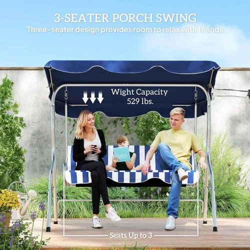 Miniatura 3 de Outsunny Columpio de porche para 3 personas con toldo, silla de columpio de patio, banco de columpio para exteriores con pantalla ajustable, cojín