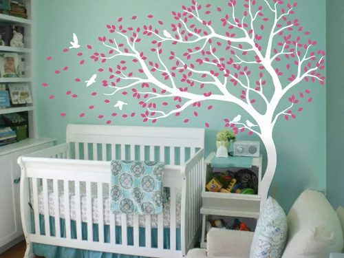 Miniatura 13 de Vinilo decorativo para pared de árbol grande con pájaros y hojas que soplan en el viento, adhesivo mural de bosque