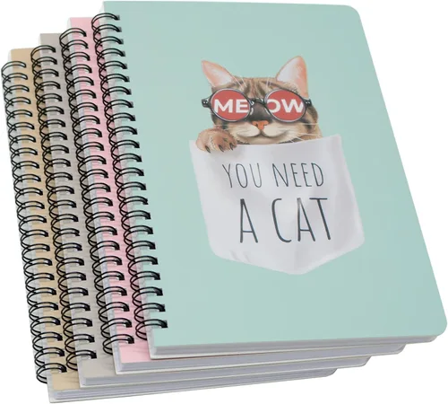 Miniatura 9 de Yansanido Cuaderno de espiral, 4 piezas A5 de tapa dura gruesa con diseño de gato, 0.315 in, 4 colores, 80 hojas, 160 páginas para estudio y notas