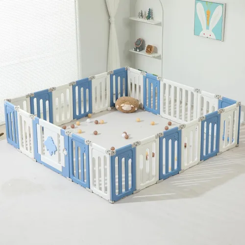 Miniatura 11 de Bestgame - Corralito para bebés - 14 paneles extragrandes plegables para niños pequeños, valla portátil en forma de OVNI, puerta, patio - Azul