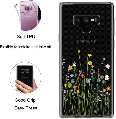 Miniatura 5 de Unov Funda compatible con Galaxy Note 9, transparente con diseño de TPU suave, absorción de golpes, delgada, diseño floral en relieve, cubierta
