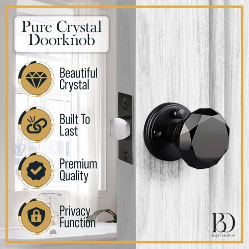 Miniatura 3 de Balin Designs - Perilla de puerta de cristal negro con cerradura, juego de perillas de puerta de vidrio para privacidad interior, manija decorativa