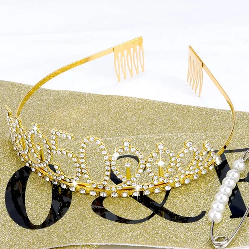 Miniatura 8 de Juego de celebración de 50 cumpleaños – Pin de perlas doradas, corona y banda – fabulosos recuerdos de fiesta para mujeres 50 cumpleaños dorado