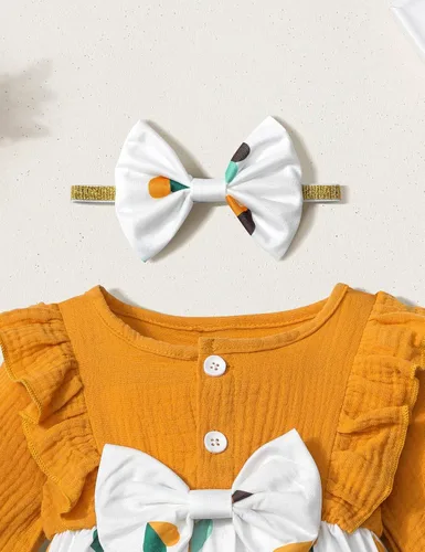 Miniatura 6 de Ropa de bebé niña con volantes de manga larga de algodón y lino con botón + diadema 2 piezas de otoño para bebé niña