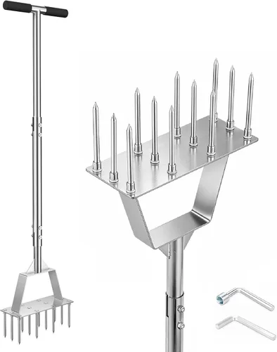 Aireador de césped Herramienta de aireación de púas, herramienta aireadora de césped de acero inoxidable con 12 picos, aireadores de césped manuales