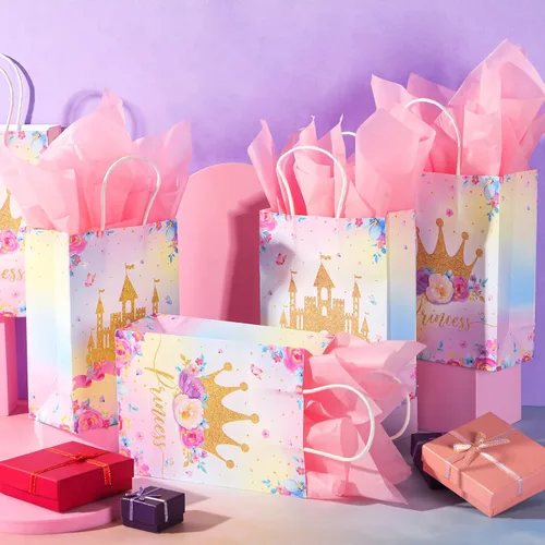 Miniatura 5 de Nezyo 16 bolsas de recuerdo de fiesta de princesa príncipe con asas y papel de seda, bolsas de regalo para cumpleaños, baby shower, regalos