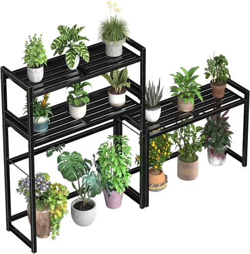 Miniatura 2 de Ekisemio Soporte de metal para plantas de 3 niveles, resistente al agua para interiores y exteriores, estante apilable para macetas altas y estante