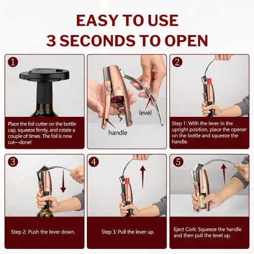 Miniatura 8 de Forge Sacacorchos de palanca vertical compacta de calidad con cortador de aluminio. 3 segundos para abrir una botella de vino. Bronce metálico