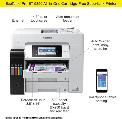 Miniatura 5 de Epson EcoTank Pro ET-5850 Impresora inalámbrica de color todo en uno SuperTank con escáner, copiadora, fax y Ethernet, color blanco