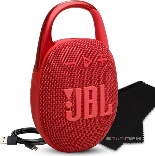 JBL Altavoz Bluetooth portátil Clip 5, IP67 impermeable y a prueba de polvo, batería de larga duración, color rojo, solución integral de tela de
