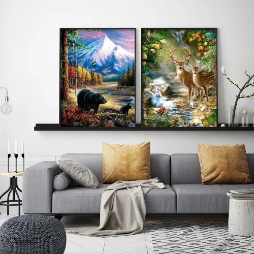 Miniatura 3 de Mowana Kits de arte de diamantes para adultos, paquete de 2 kits de pintura de diamantes de vida silvestre 5D sobre lienzo, paisaje de bosque