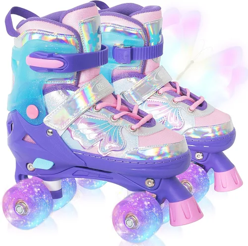 Miniatura 8 de Nattork Patines de Ruedas para Niñas y Niños, Patines Cuádruples de 4 Tamaños Ajustables con Diseño de Mariposa y Flor con Todas las Ruedas Púrpura