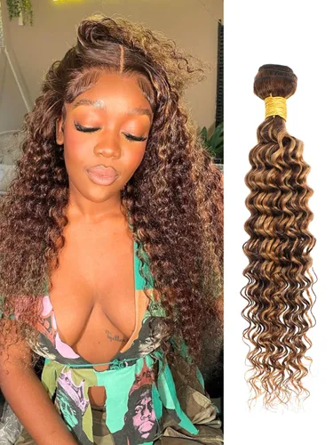 Miniatura 56 de P4/27 Cabello Humano Solitario de Onda Profunda con Reflejos Rubios Miel, 12A 100% Tejido Brasileño Virgen Ondulado Grueso con Mechas Ombre Marrón