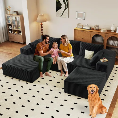 Miniatura 28 de Sofá modular de 95 pulgadas con otomana, moderno sofá nube de pana con asiento profundo, sofá sin hueso tapizado de 3 plazas en forma de U para sala
