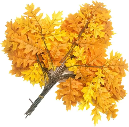 Miniatura 4 de 6 tallos de hojas de roble artificiales, ramas de árbol de roble sintético, plantas verdes para decoración floral de pared verde (amarillo) 29.5 in