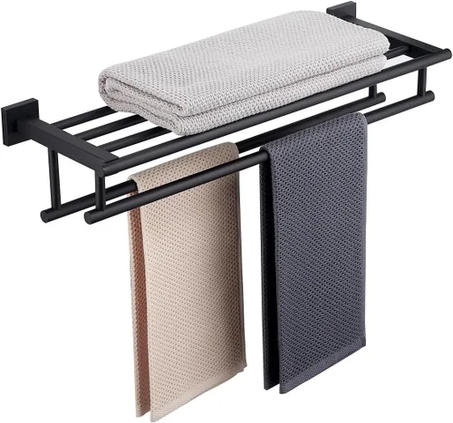 Miniatura 18 de Toallero con estante de 20 pulgadas, toalleros dobles para baño, soporte de toallas de baño negro mate, toallero de acero inoxidable SUS304