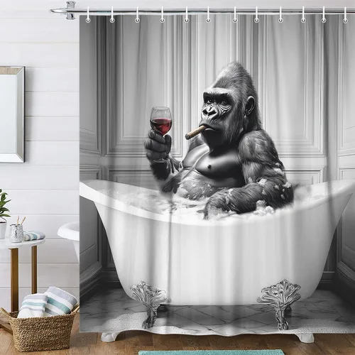 Miniatura 18 de Divertida cortina de ducha con diseño de gato con gorila en la selva, decoración de baño de animales humorísticos en blanco y negro, juego