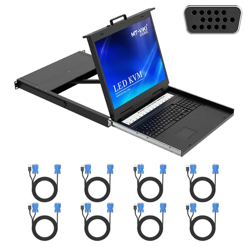 Miniatura 10 de MT-VIKI Conmutador KVM para rack con monitor LCD de 17 pulgadas, conmutador KVM VGA de 16 puertos con monitor táctil de teclado, apto para rack