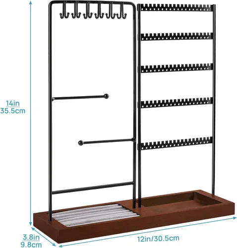 Miniatura 4 de Vtopmart Soporte organizador de joyas para aretes, collares, anillos, pulseras, exhibición y almacenamiento, con 90 agujeros, 12 ganchos, negro +