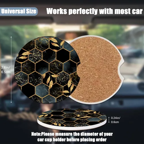 Miniatura 2 de Portavasos para automóvil, posavasos de cerámica absorbente con hojas de mármol negro, portavasos para bebidas, accesorios para automóviles