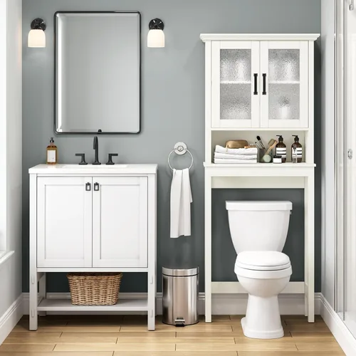Miniatura 3 de Armario de Almacenamiento Sobre el Inodoro, Organizador de Baño Sobre el Inodoro con Puertas y Estante Ajustable, Marco Reforzado Armario