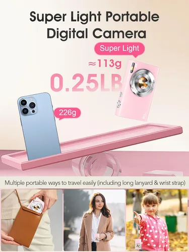 Miniatura 6 de Cámara digital, cámara de videoblogs 4K con enfoque automático para fotografía con tarjeta de 32 GB, cámara digital compacta portátil de 48 Rosa